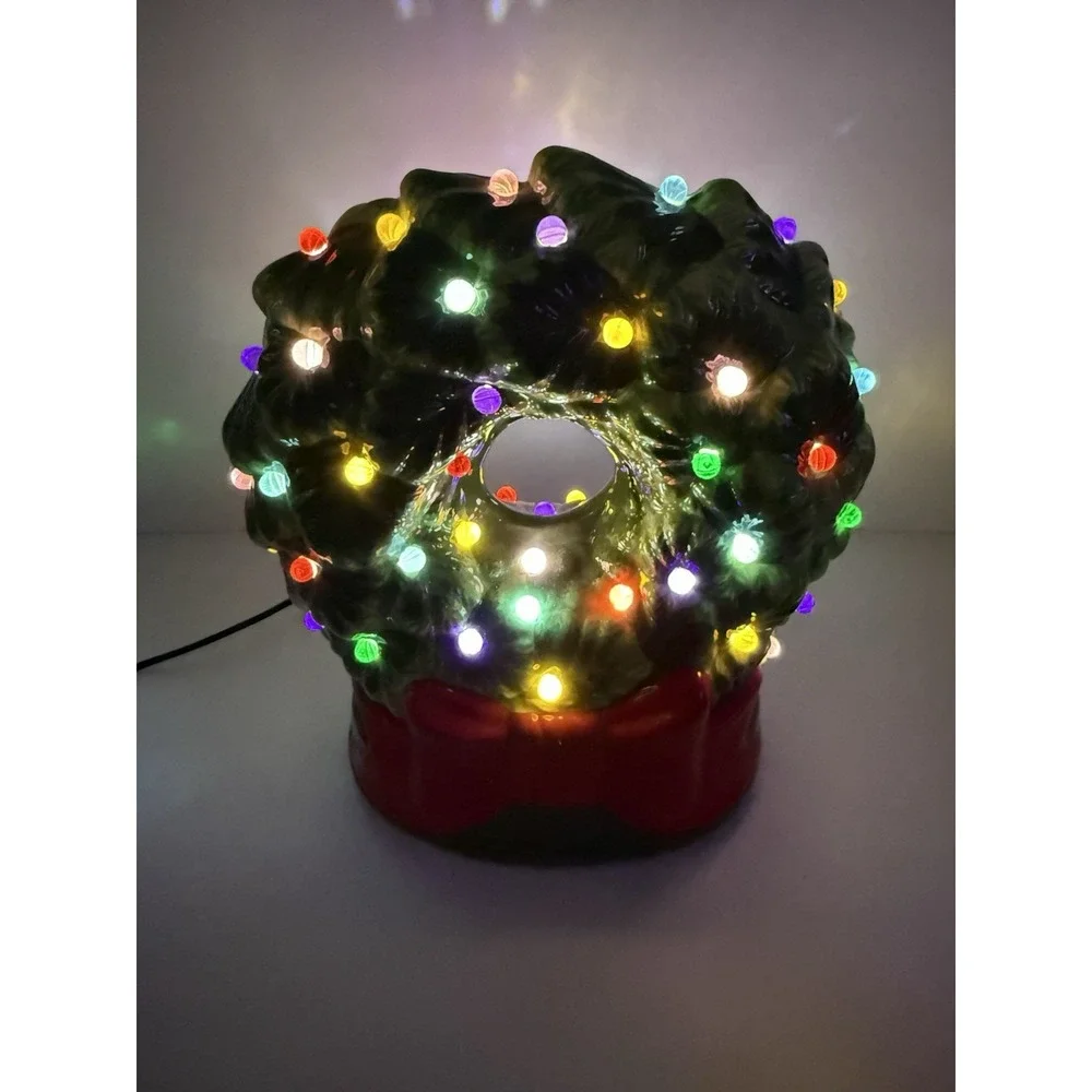 Vintage Green Ceramic Multi-color Lighted Mr. Christmas Wreath